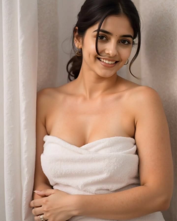 Model wearing white towel Gachibowli-inspired portrait